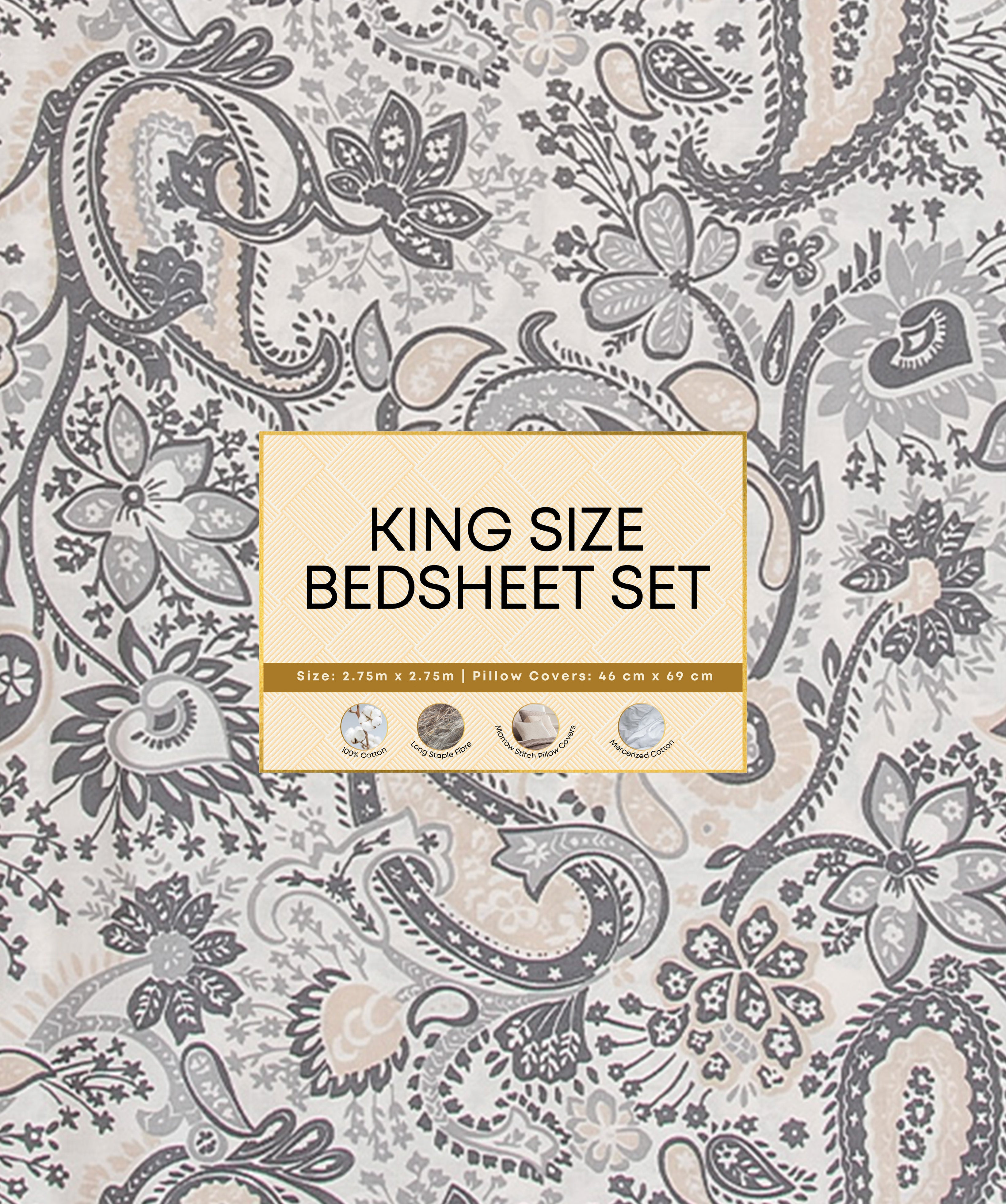 Premsons® Paisley Print King Size Bedsheet Set – Grey & Cream Double Bed Sheet with Pillow Covers | Soft Cotton Elegant Bedroom Bedding