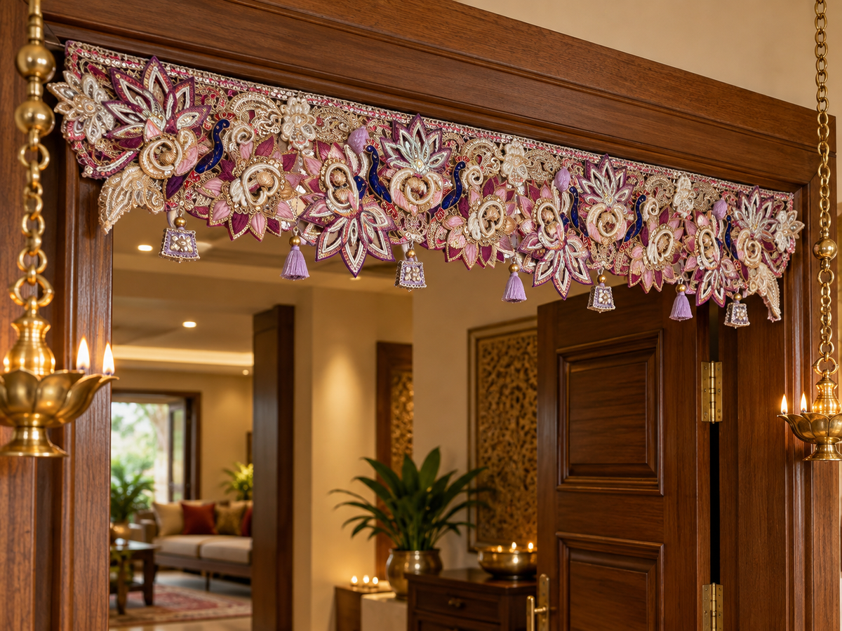 Lavender and pink embroidered Mayur toran displayed on a wooden doorway