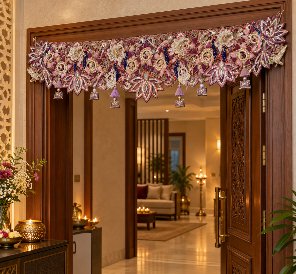 Ornate lavender Mayur toran in a warmly lit Indian festive entryway