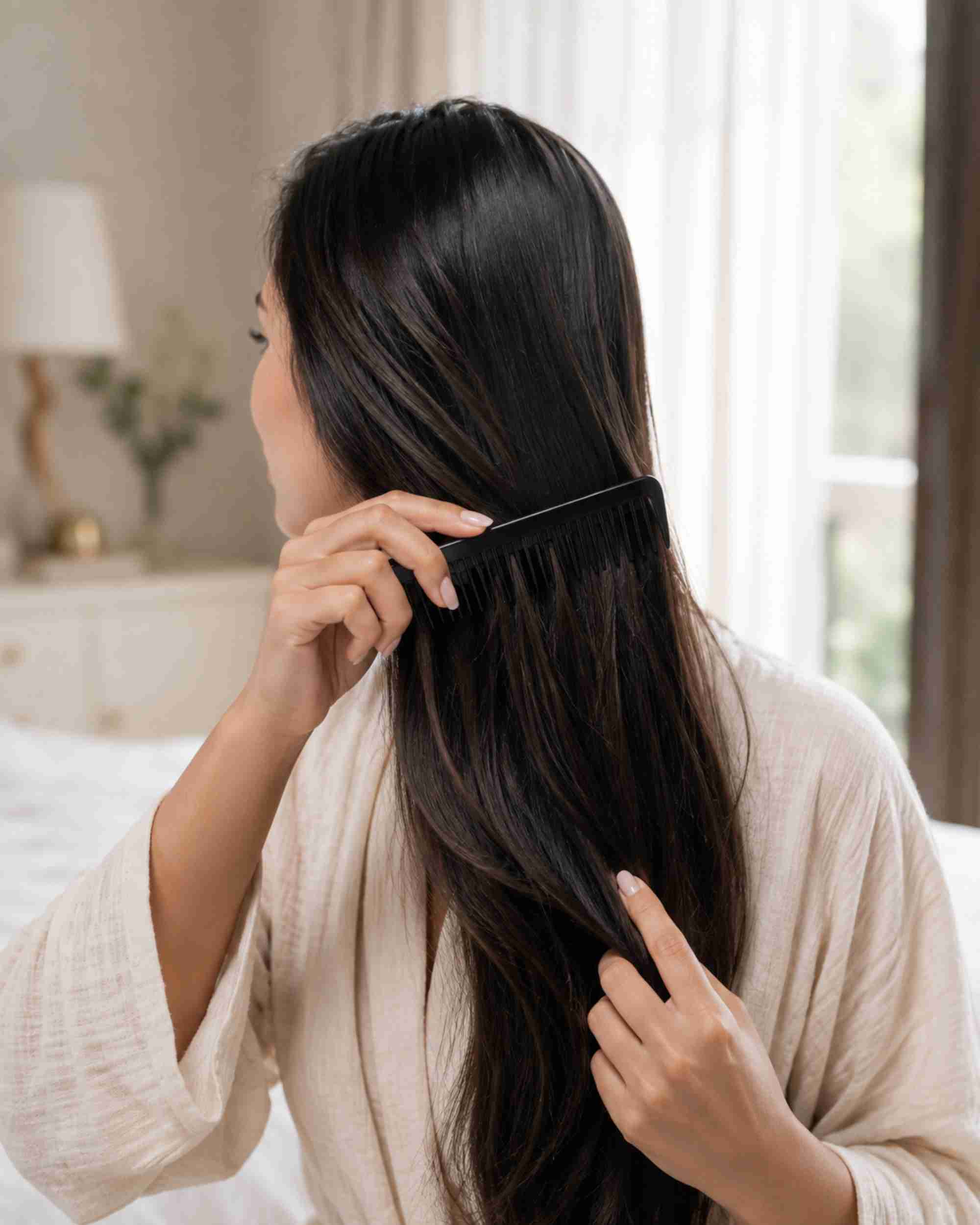 Black styling comb in hand, smoothing long dark hair.