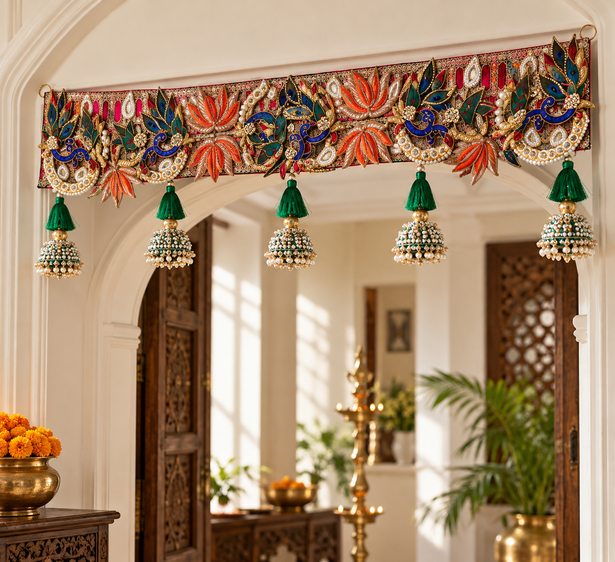 Mayur Kesari peacock and lotus toran styled on an arched doorway