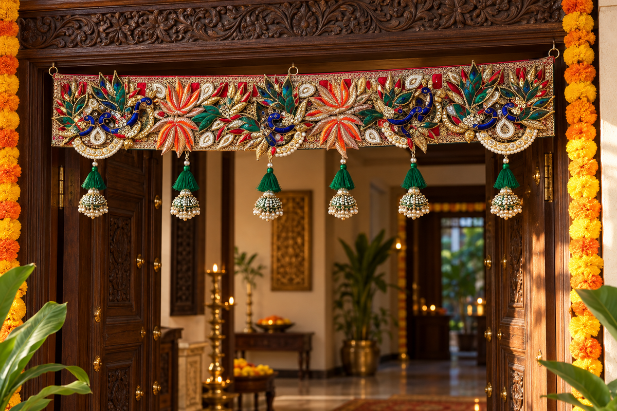 Mayur Kesari peacock and lotus toran styled on a carved wooden doorway