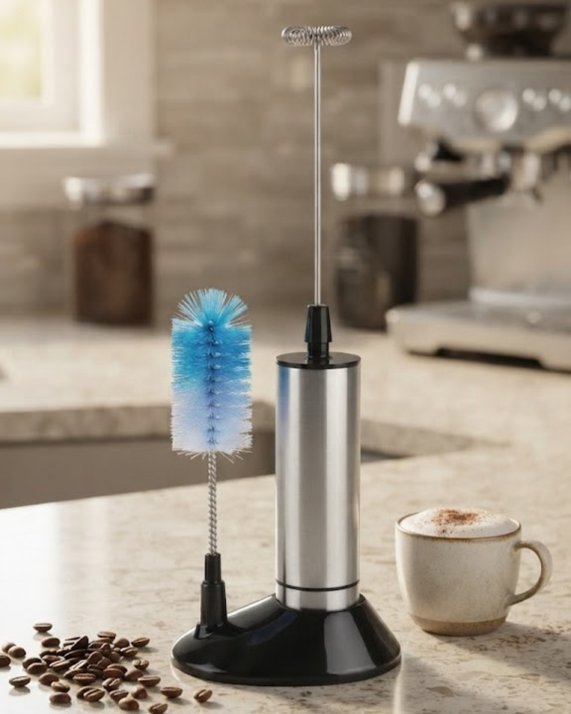 Stainless steel electric milk frother stand with blue brush for cleaning and whisk.