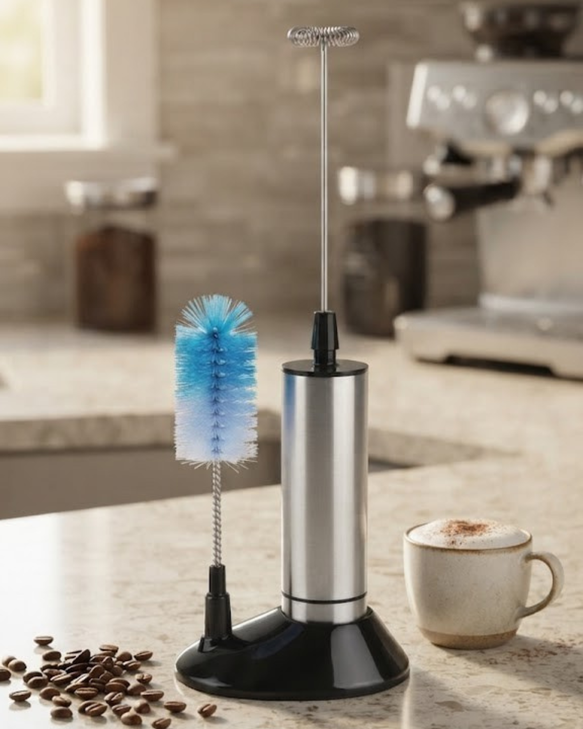 Stainless steel electric milk frother stand with blue brush for cleaning and whisk.
