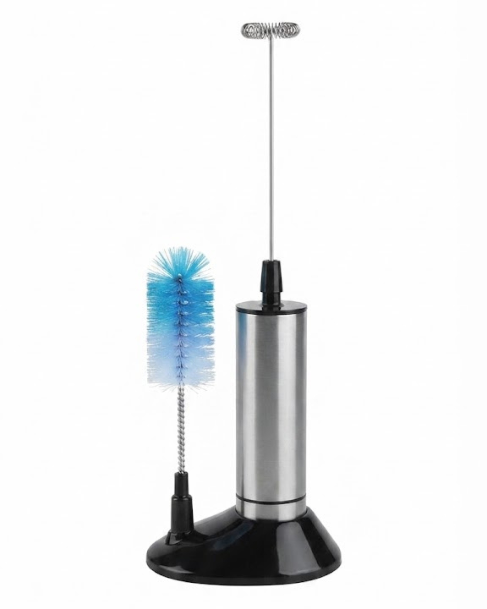 Electric milk frother with stainless steel wand on black base, blue cleaning brush.