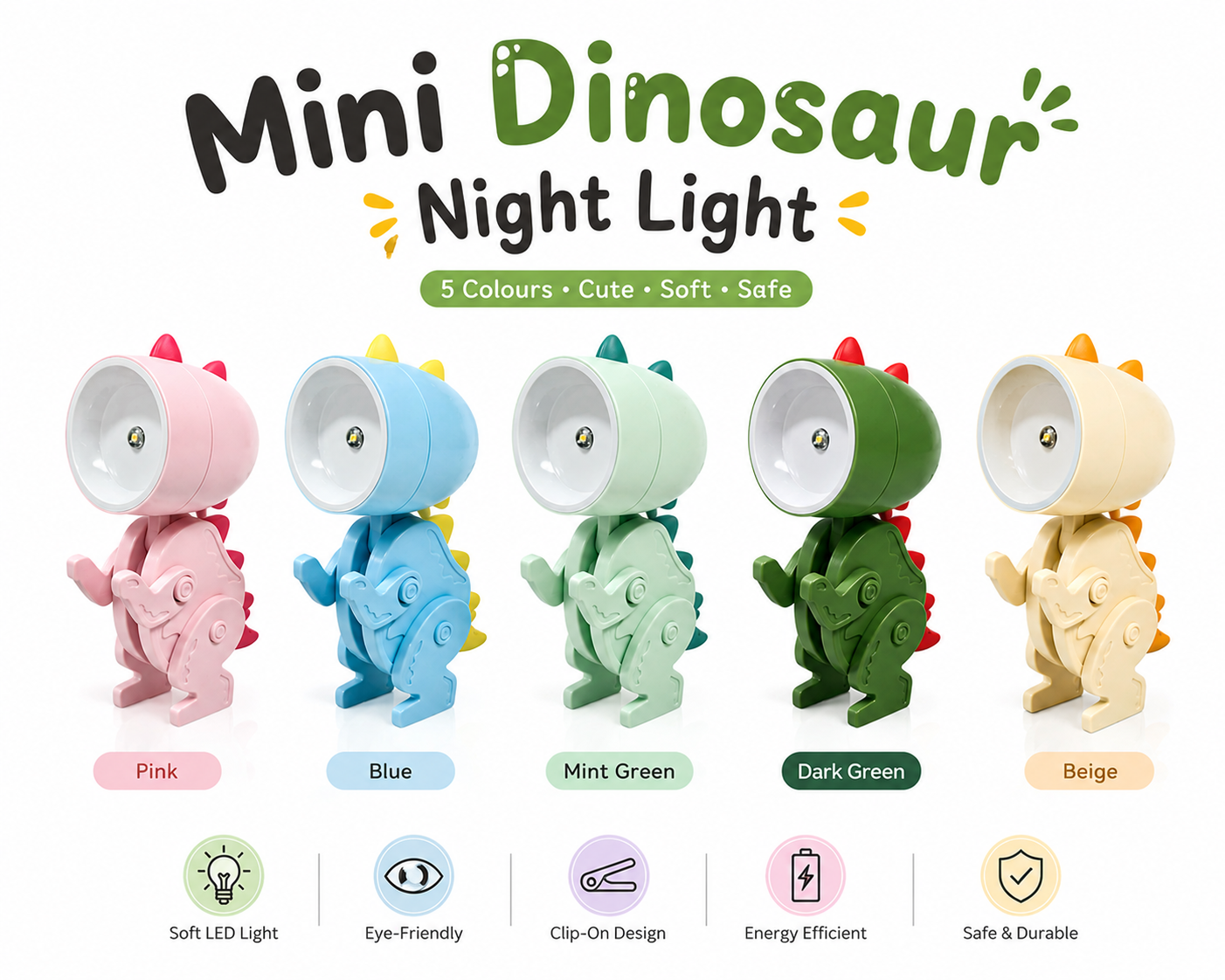 Premsons® Mini Dinosaur Clip-On LED Night Light – Cute Rechargeable Dino Lamp for Kids