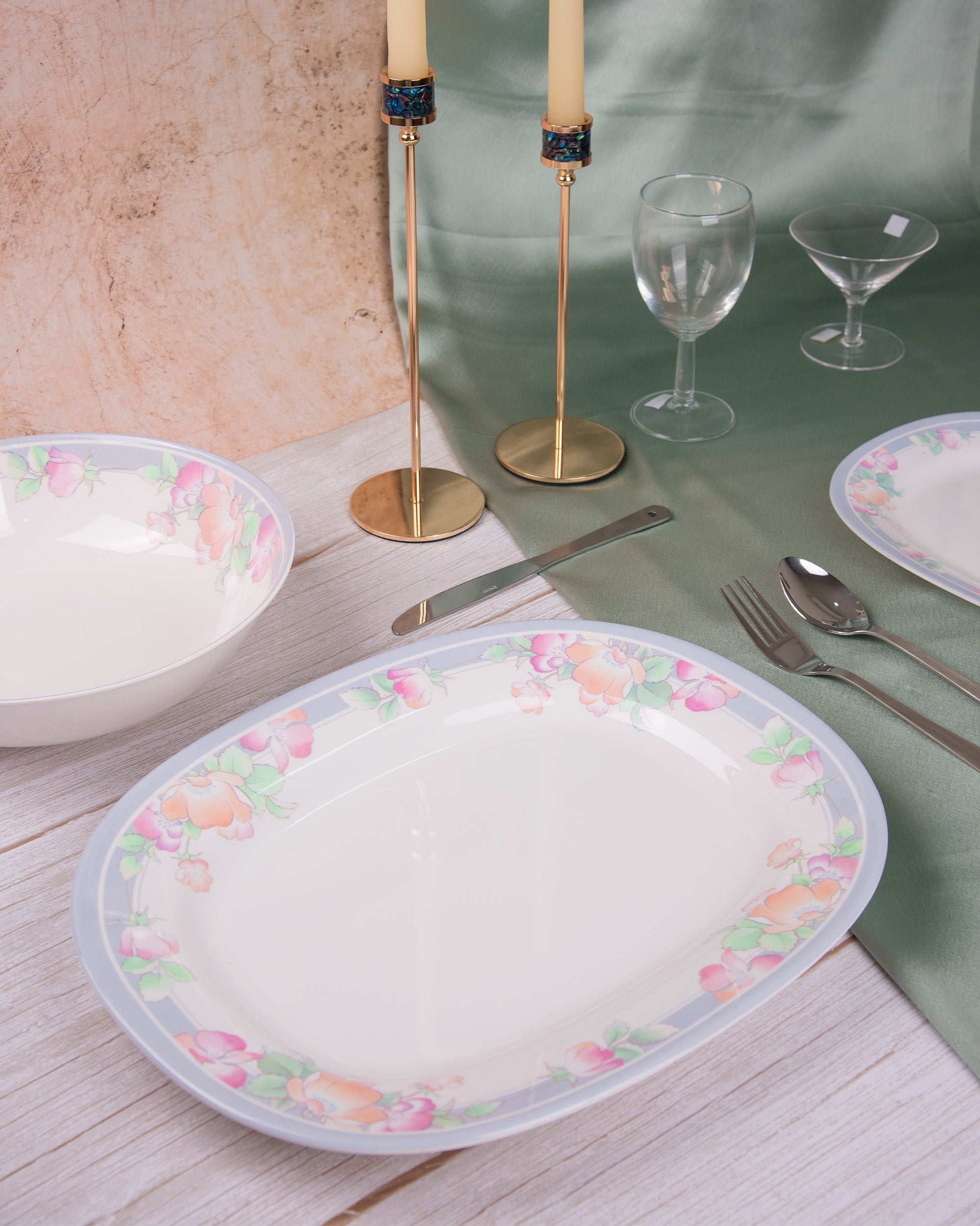 White oval melamine serving plate with pastel floral rim, set of 6