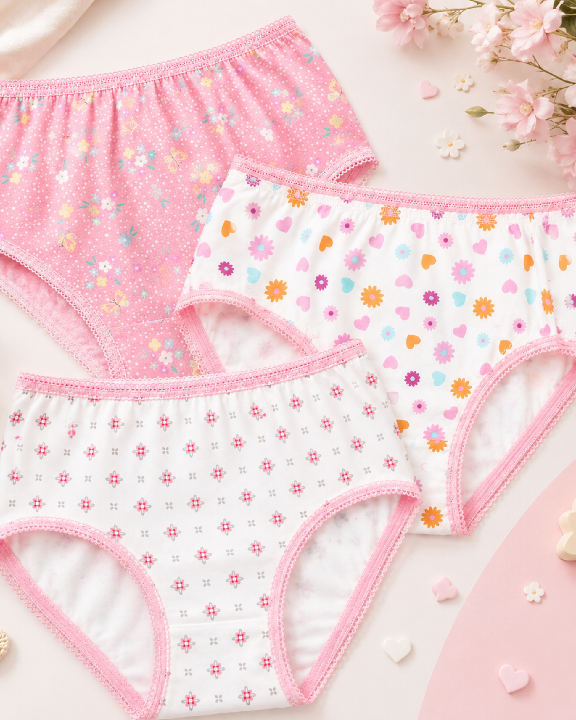 Girls' brief underwear set of 3 with pink trim, floral and dot prints