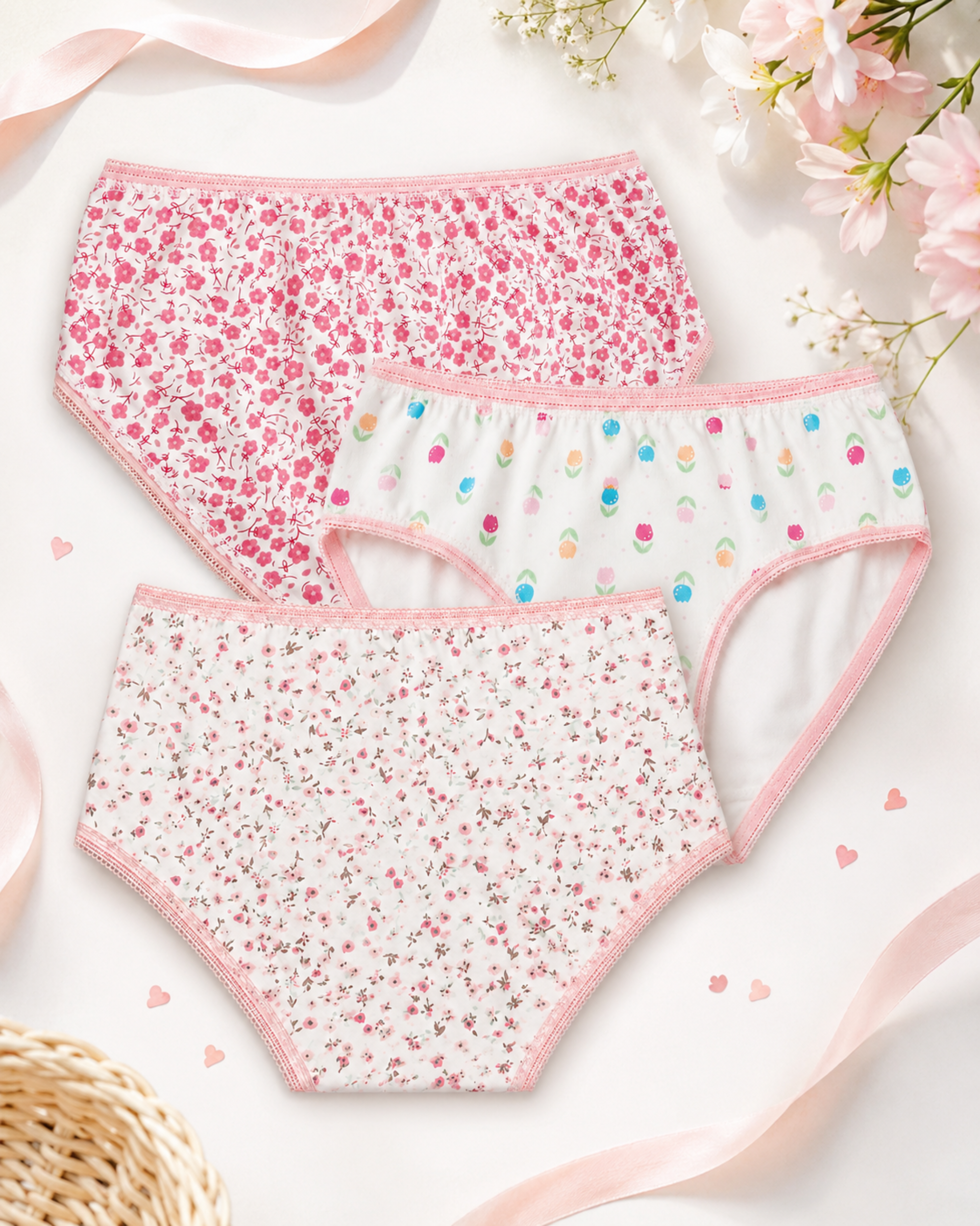Girls' cute cut underwear pack of 3, pink floral and multicolor printed briefs