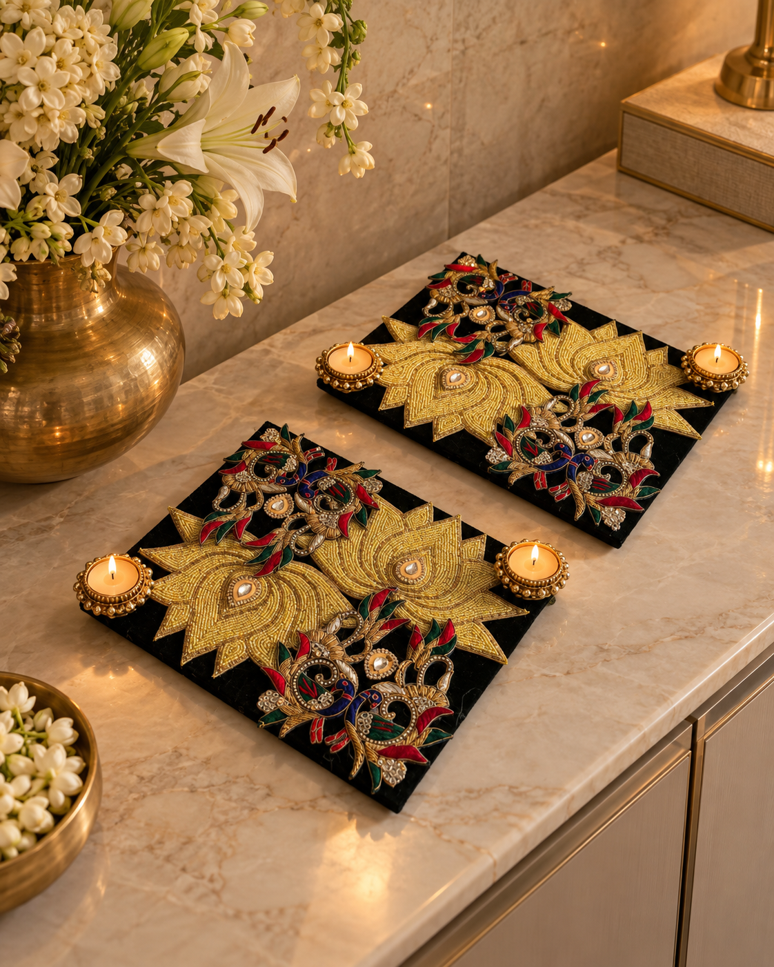 Pair of embellished peacock lotus tealight candle trays with flowers and brass decor