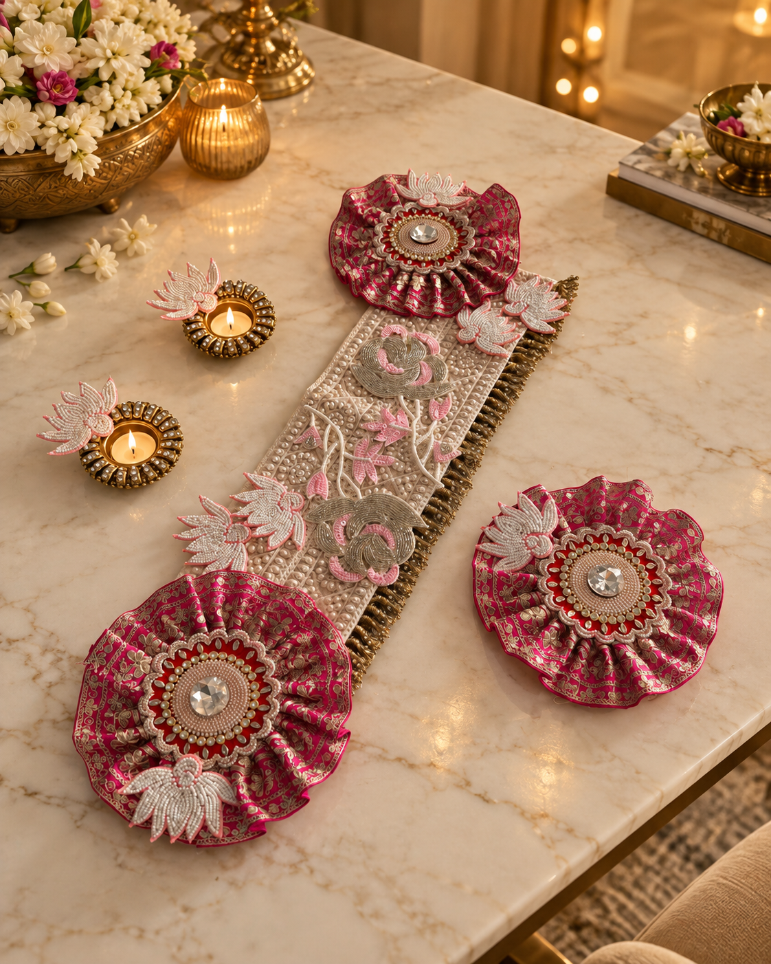 Pink and beige embroidered table runner styled on a cream marble table with glowing brass diyas and festive flowers