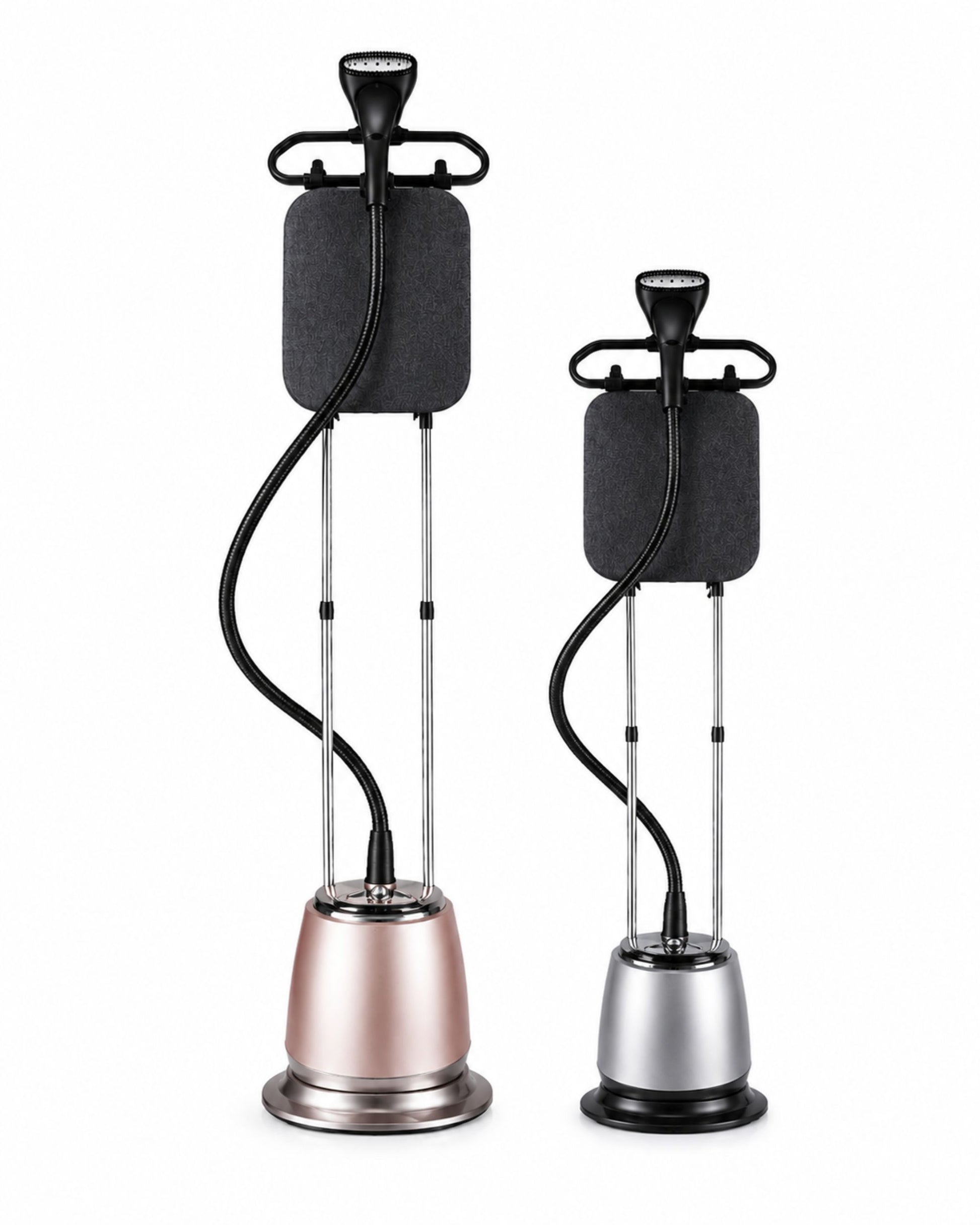 Standing garment steamer with black steam pads and two bases, one pink and one black