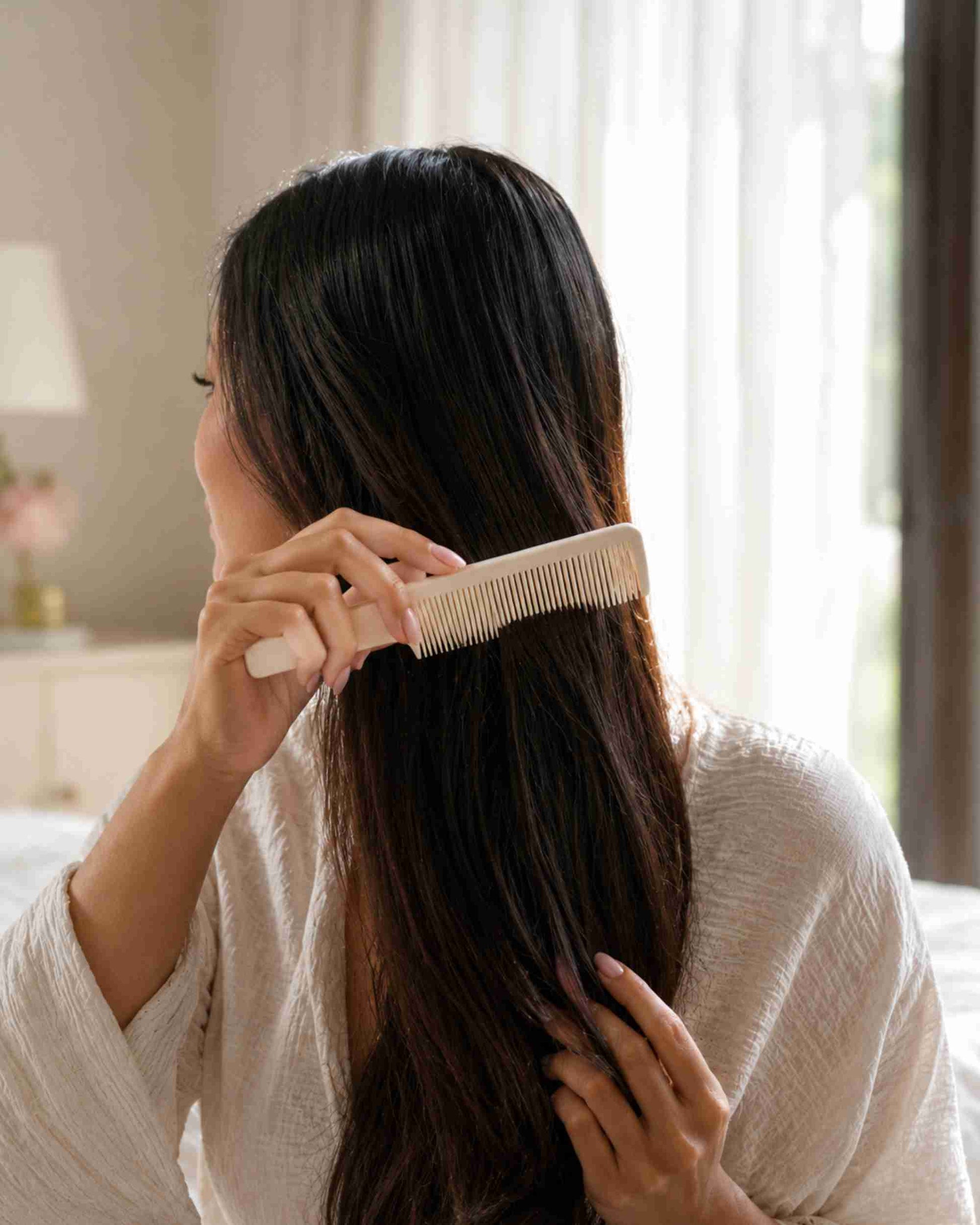 White fine-tooth comb held while styling long dark hair.