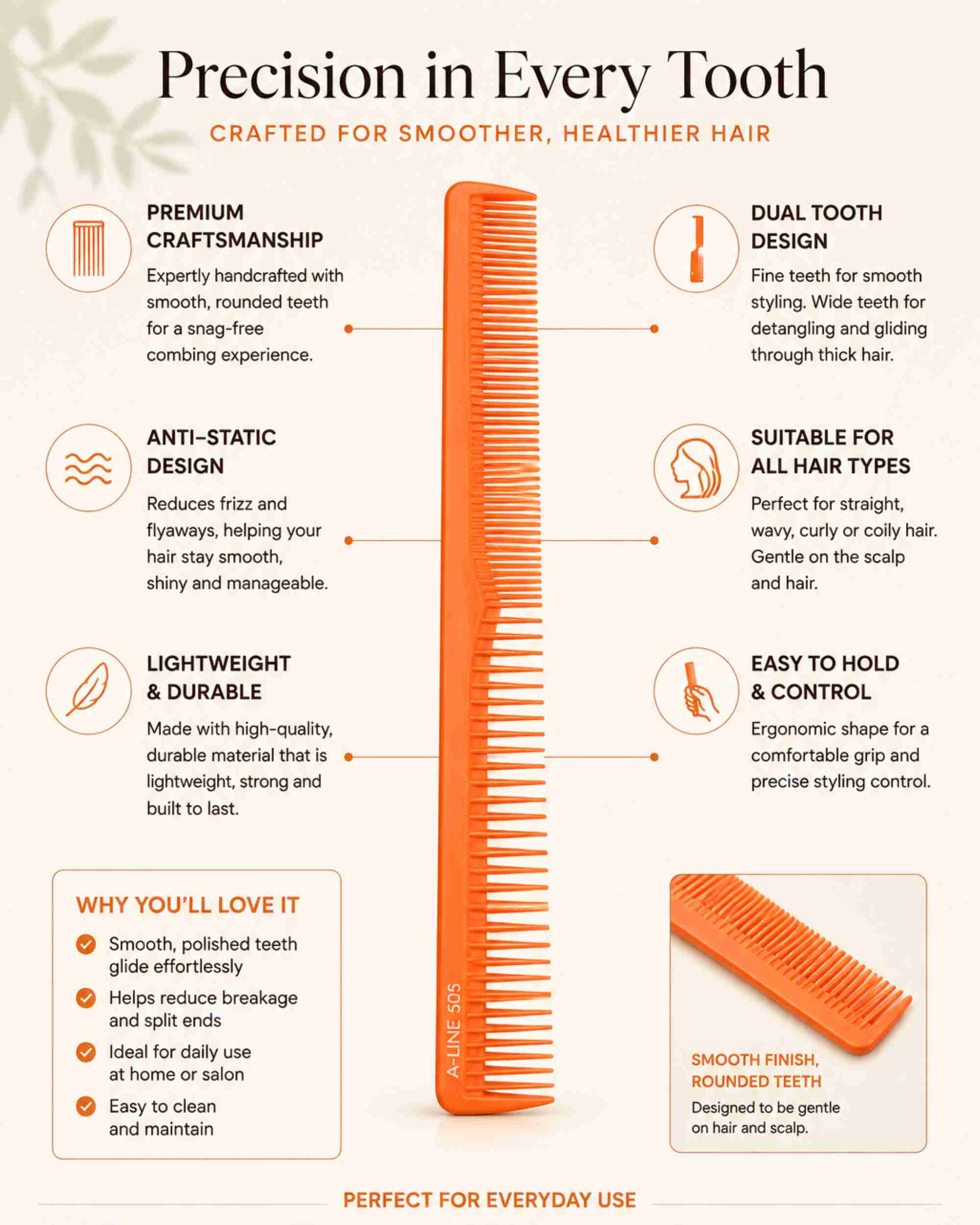 Premsons® Orange Salon Styling Comb - Jaguar A-Line 505