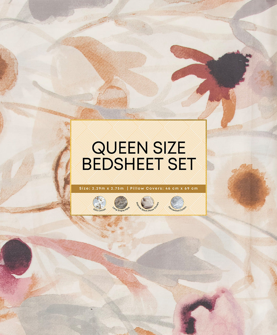 Premsons® Floral Print Pink & Orangish Queen Size Bedsheet Set with Pillow Covers – Soft Cotton Double Bed Sheet for Bright Bedroom Décor