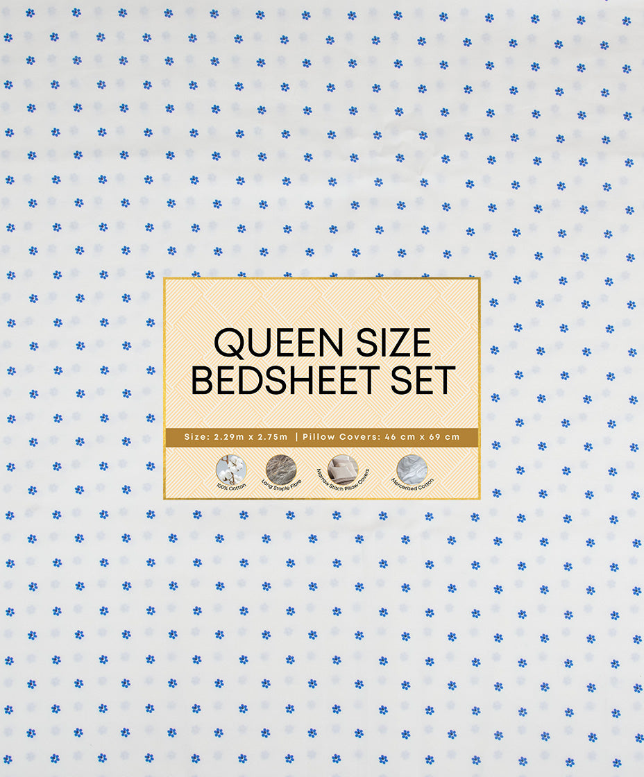 Queen size bedsheet set packaging with blue mini flower pattern on white