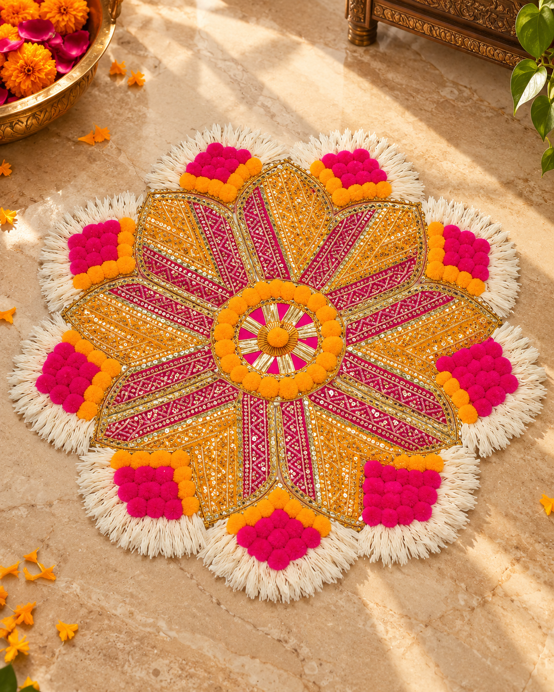 Floral rangoli mat with pink, orange, and gold embellishments, fringed edges, and a central floral motif