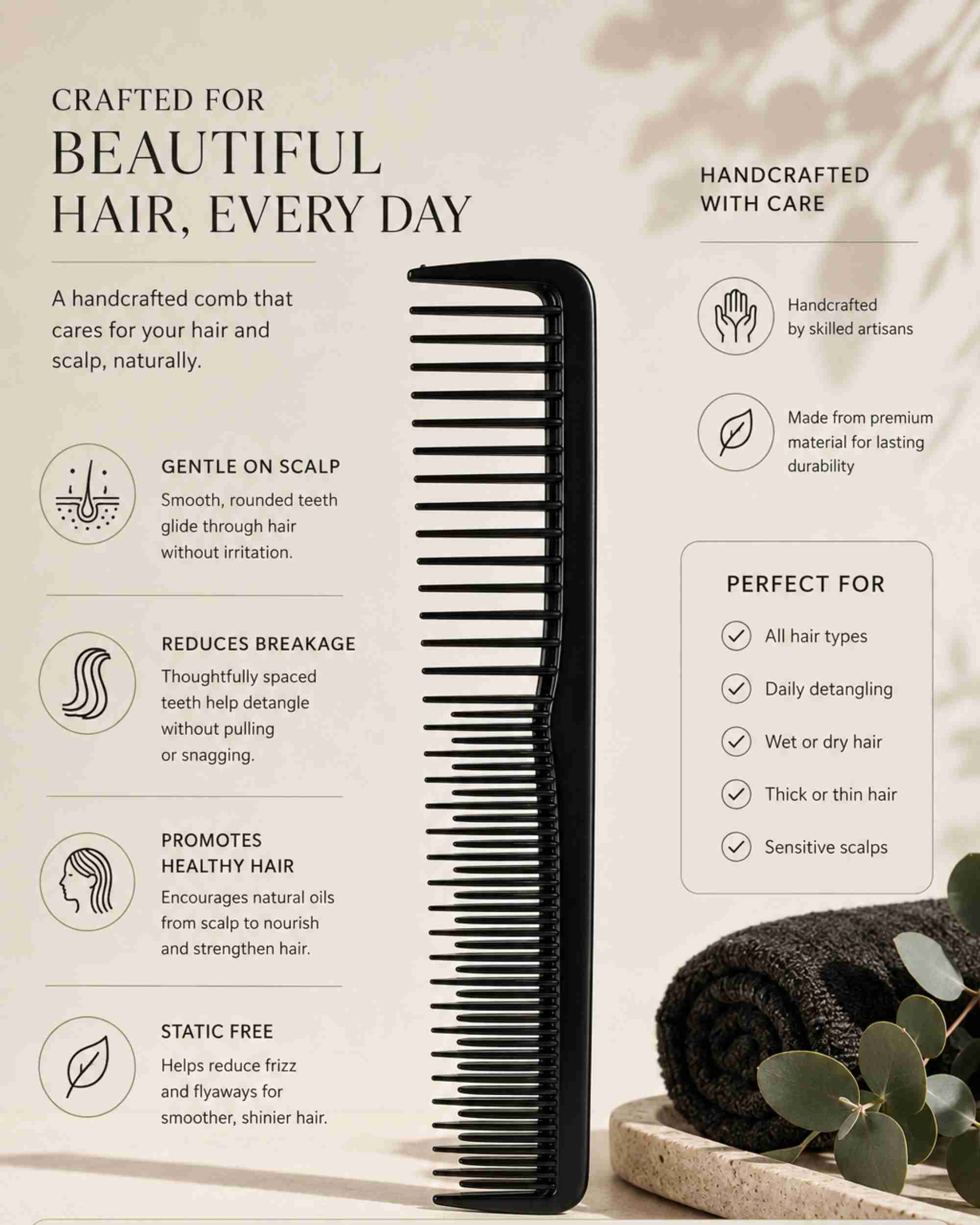 Black styling comb with fine teeth and arched handle, product close-up.