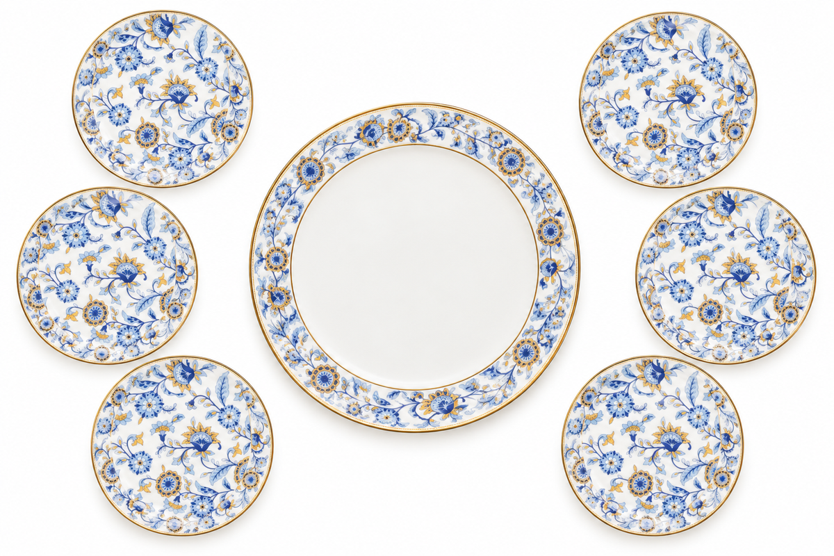 Premsons® Blue and White Floral Breakfast Plate Set with 1 Large Plate and 6 Small Plates