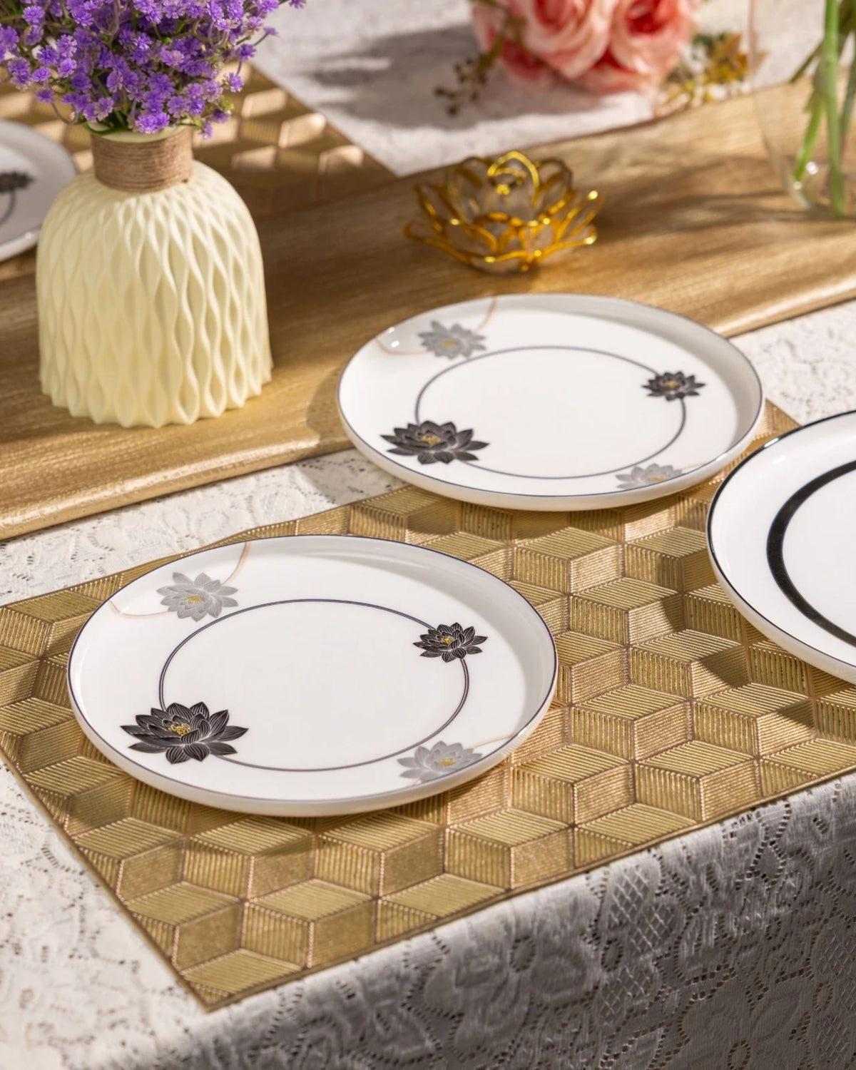 Premsons® White Breakfast Plate Set with Black Floral Detailing, 1 Large Plate and 6 Small Plates