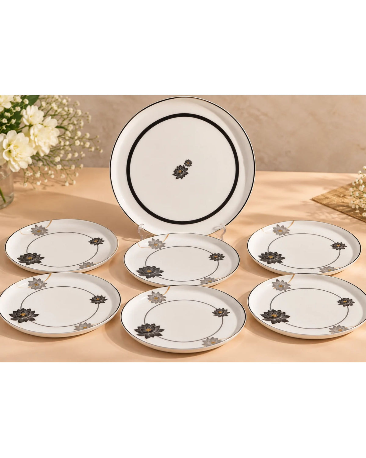 Premsons® White Breakfast Plate Set with Black Floral Detailing, 1 Large Plate and 6 Small Plates