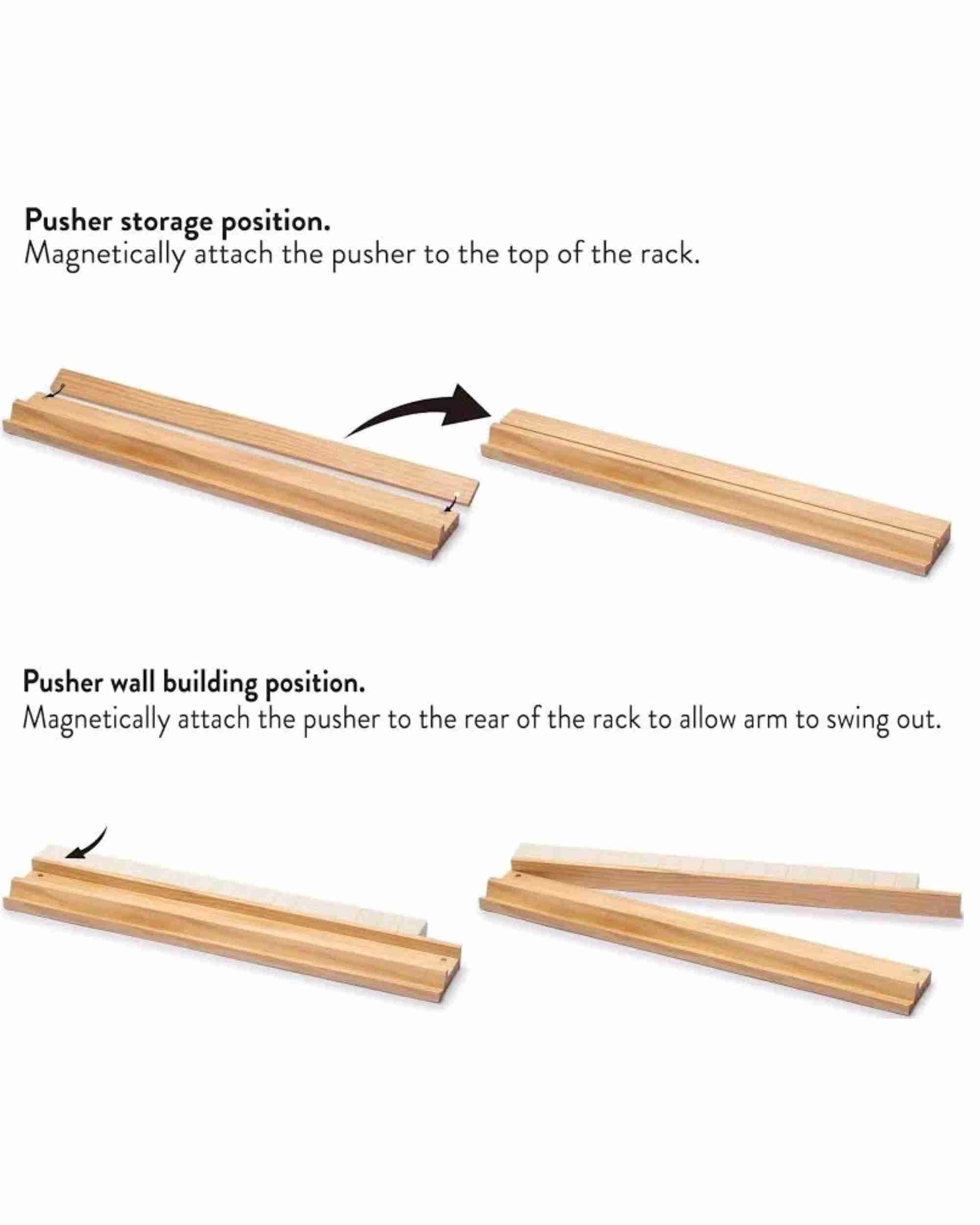 Wooden mahjong rack showing pushers in storage and swing positions