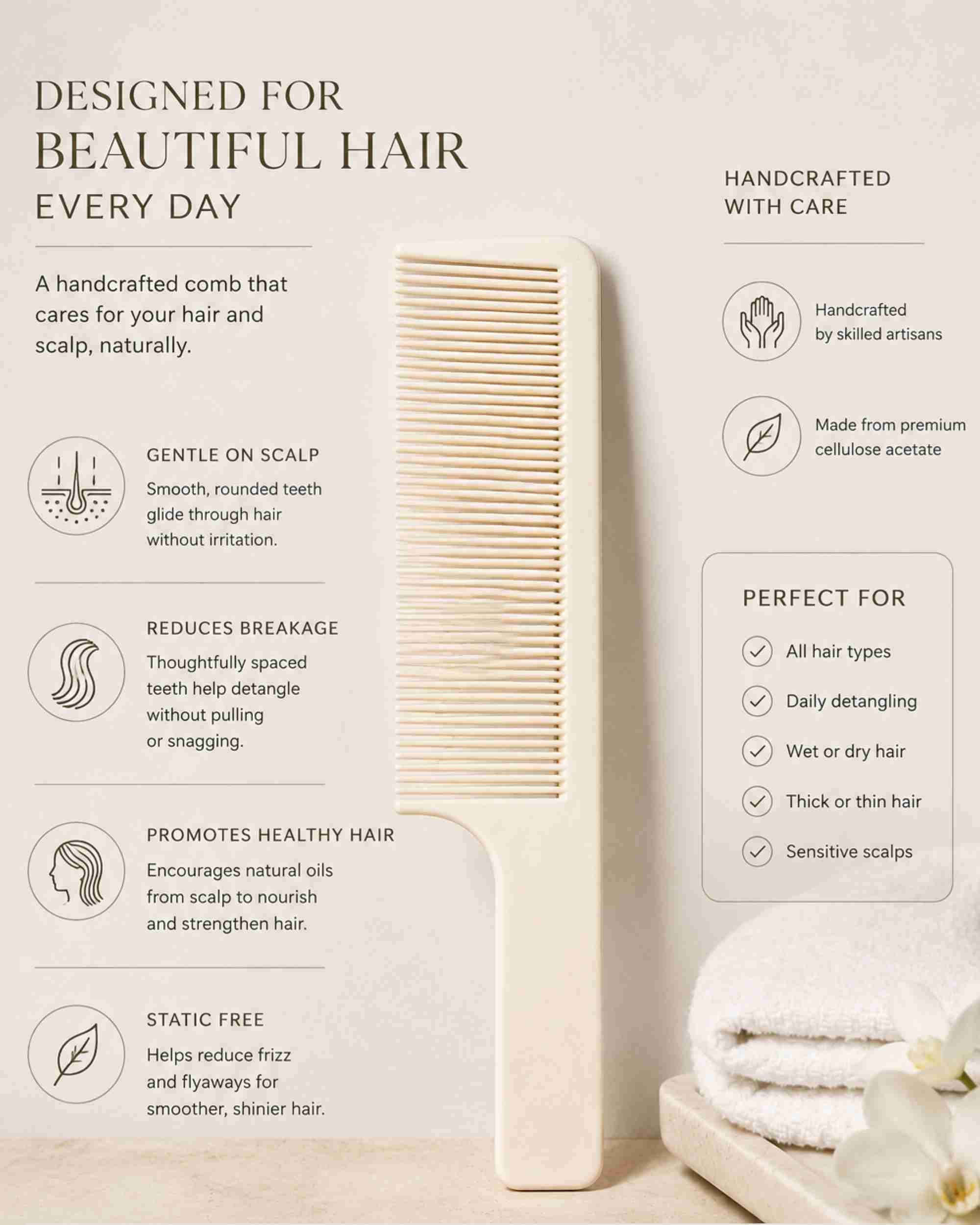 White fine-tooth hair comb shown on a product info card with icons.
