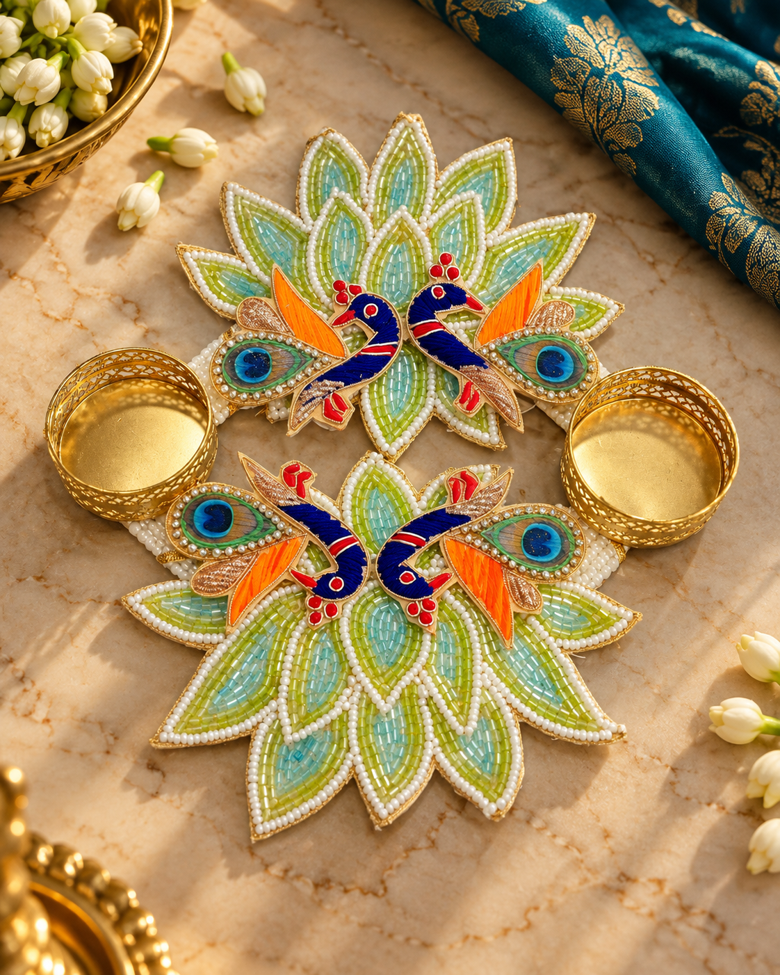 Premsons® Peacock Floral Tealight Holder Set in Aqua, Green & Gold