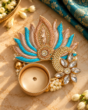 Premsons® Peacock Feather Decorative Diya Holder in Turquoise & Rose Gold
