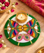 Premsons® Multicolour Butterfly Decorative Diya Holder with Green & Gold Detailing