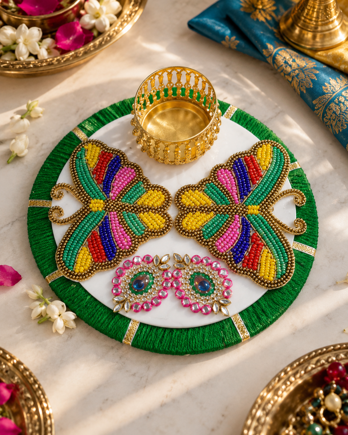 Premsons® Multicolour Butterfly Decorative Diya Holder with Green & Gold Detailing