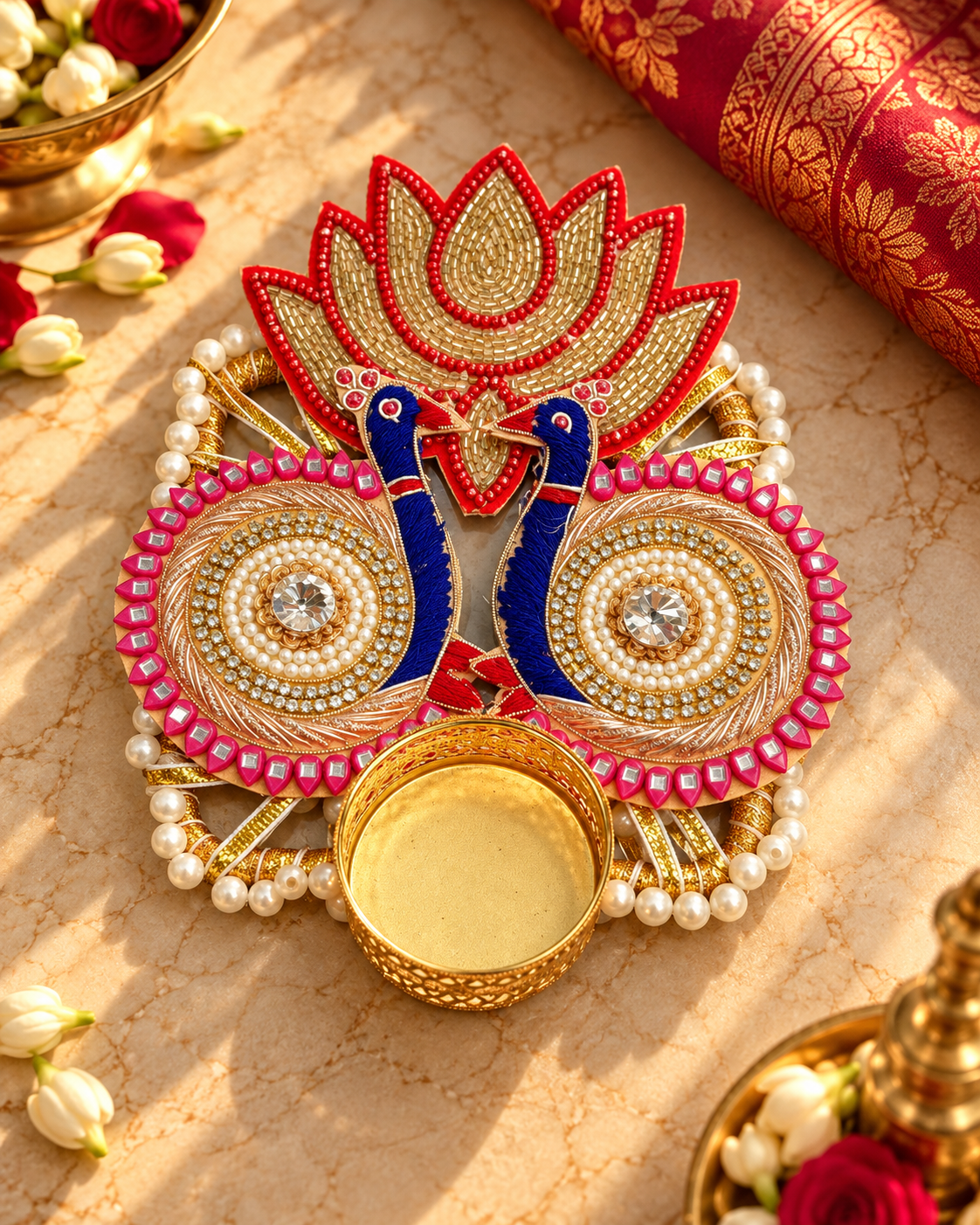 Premsons® Peacock & Lotus Decorative Diya Holder with Pink, Red & Gold Embellishments