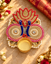 Premsons® Peacock & Lotus Decorative Diya Holder with Pink, Red & Gold Embellishments