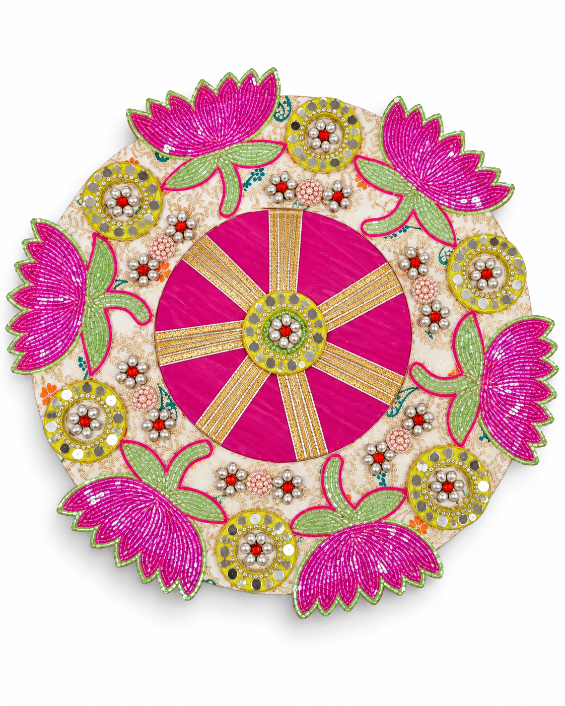 Premsons® Decorative Floral Rangoli Plate with Pink Lotus Design & Gold Embellishments