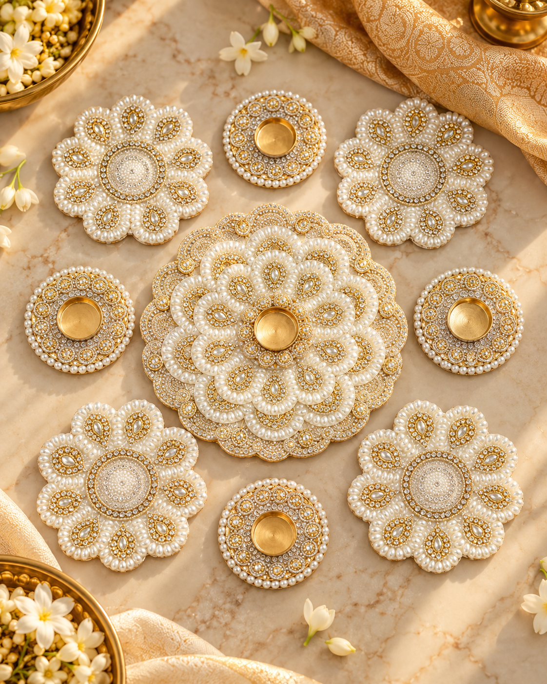 Premsons® Pearl White & Gold Floral Rangoli Tealight Holder Set with Embellished Design
