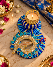 Premsons® Peacock-Inspired Decorative Tealight Holder with Blue, Turquoise & Gold Embellishments