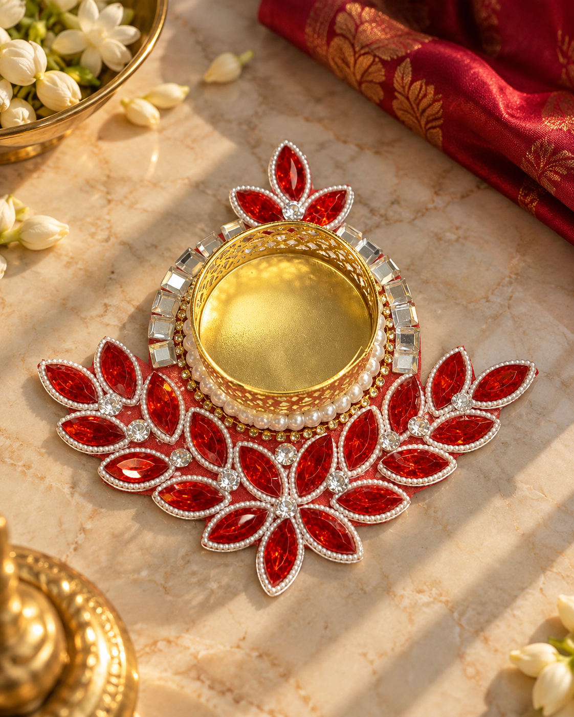 Premsons® Red & Gold Embellished Tealight Holder with Crystal Leaf Design.
