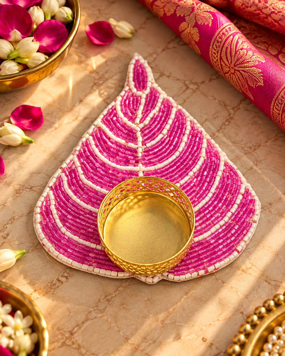Premsons® Pink Leaf-Shaped Tealight Holder with White Beaded Detailing & Gold Cup