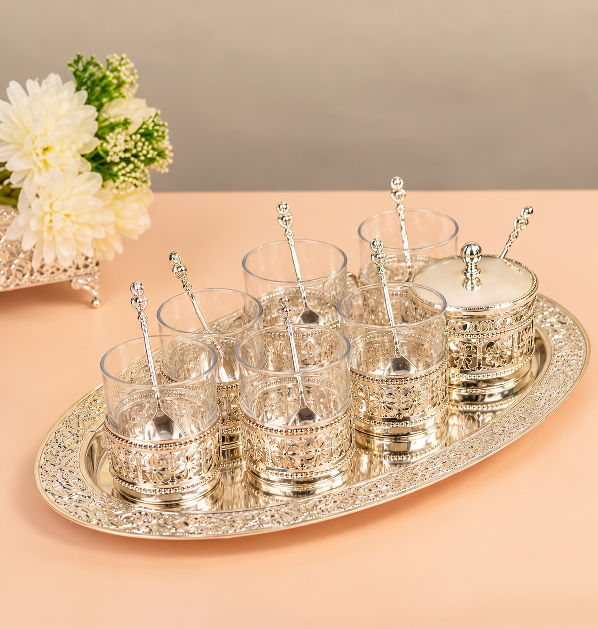Premsons® Silver Finish Tea Serving Set with 6 Glass Cups, Sugar Container, Tray and 6 Spoons
