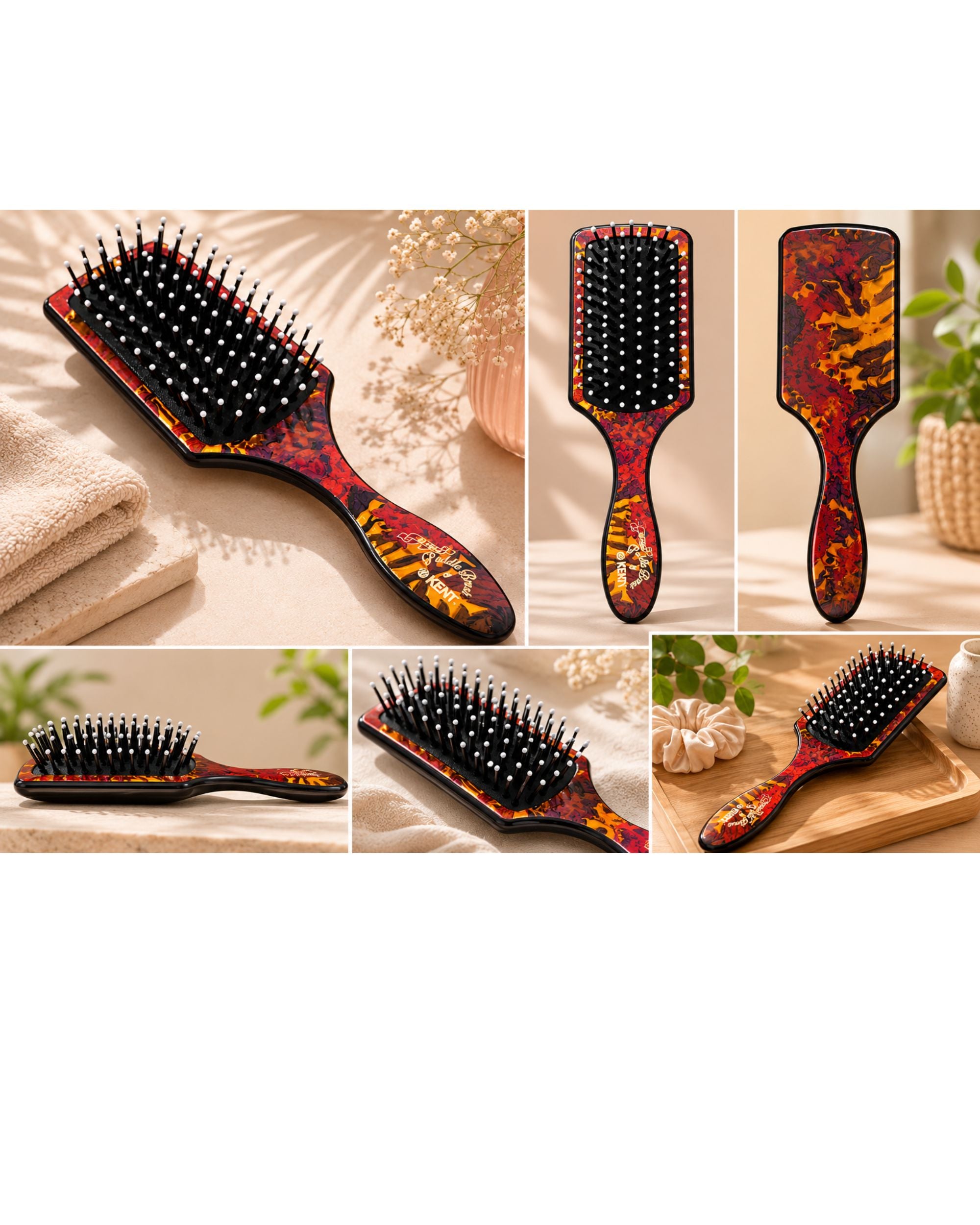 Floral paddle hair brush with black bristles on orange-brown patterned cushion