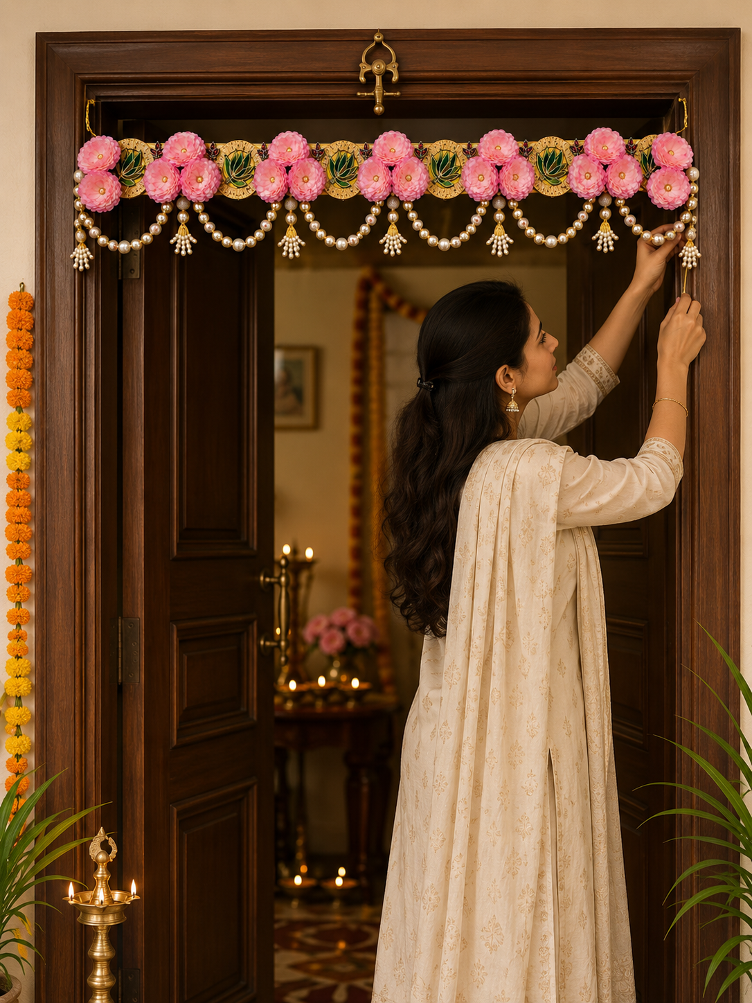Floral toran wall hanging across doorway with pink flowers, pearl beads, and gold tassels