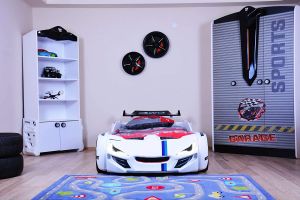 Premsons Realistic Racing Car Bed for Children's Bedroom - Classic Model (With Mattress)-White