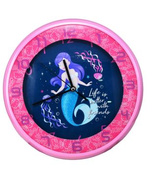 13 Inch Round Shaped Mermaid Cartoon Wall Clock - Pink & Black