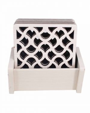 Cutwork Wooden Coaster Set with Stand for Dining Room, Bar Area or Office (Off White) 